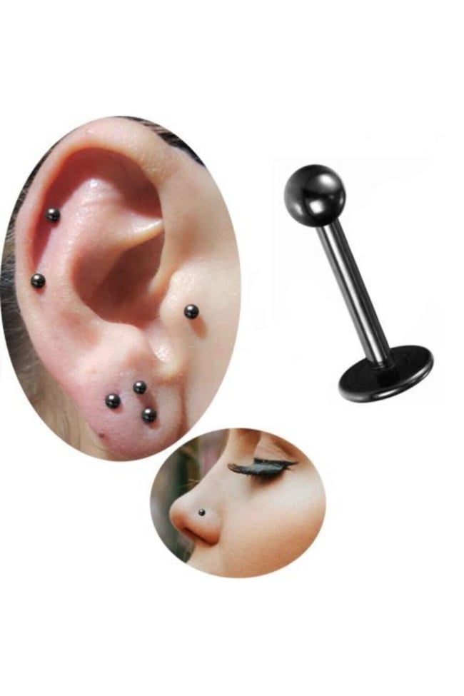 Paslanmaz Kararmaz Cerrahi Çelik Labret Dudak Tragus Kıkırdak Piercing Siyah Kısa Boy