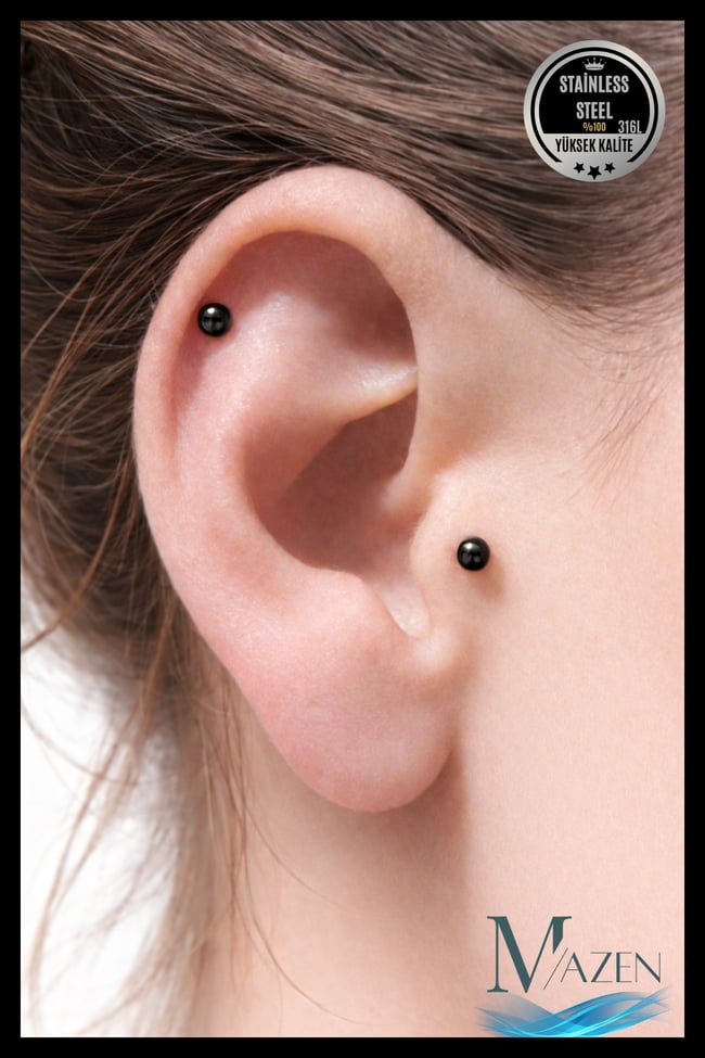 Paslanmaz Kararmaz Cerrahi Çelik Labret Dudak Tragus Kıkırdak Piercing Siyah Kısa Boy