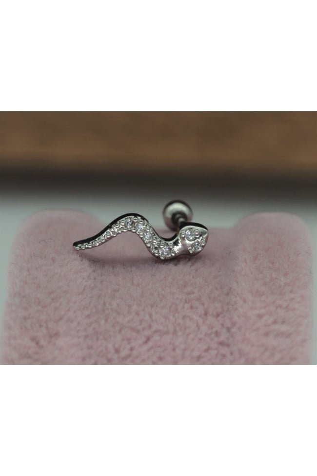 Paslanmaz Kararmazi Çelik Yılan Tragus, Kıkırdak, Helix 8mm Piercing (İKİ TARAFLI AÇILABİLİR)