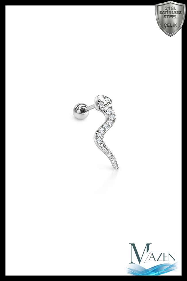 Paslanmaz Kararmazi Çelik Yılan Tragus, Kıkırdak, Helix 8mm Piercing (İKİ TARAFLI AÇILABİLİR)