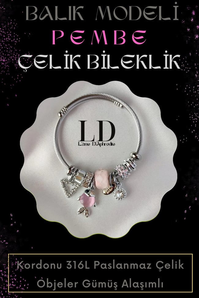 Pembe Balıklı Halkası Charmlı Gümüş Alaşımlı Paslanmaz Çelik Bileklik BİL001
