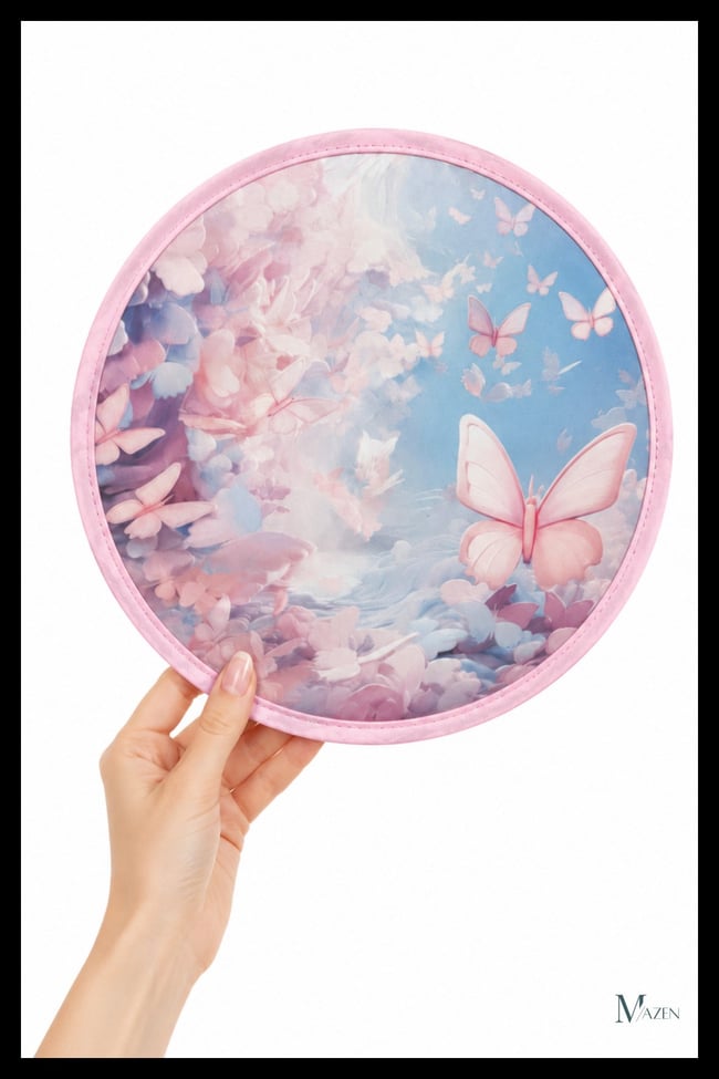 Pembe Desen Katlanabilir Yuvarlak Yazlık Taşınabilir El Yelpazesi