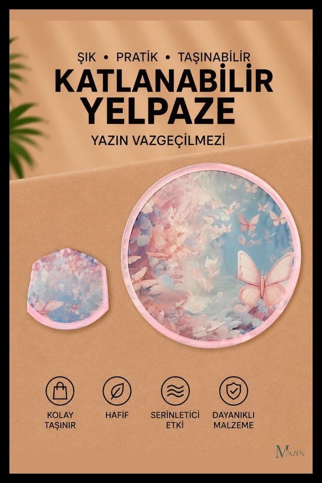 Pembe Desen Katlanabilir Yuvarlak Yazlık Taşınabilir El Yelpazesi