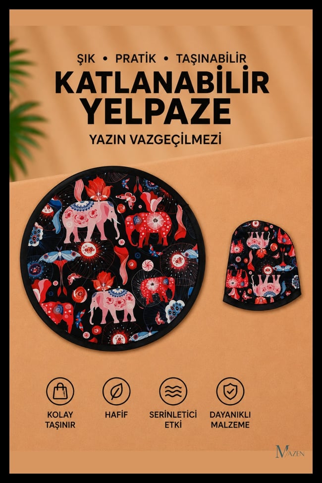 Pembe Fil Desen Katlanabilir Yuvarlak Yazlık Taşınabilir El Yelpazesi