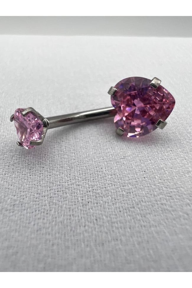 Pembe Kalp Zirkon Taşlı Göbek Piercing | 316L Çelik | Gri Bar | Kararmaz Antialerjik