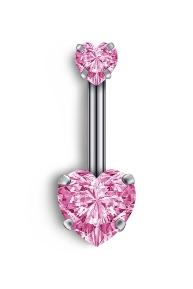 Pembe Kalp Zirkon Taşlı Göbek Piercing | 316L Çelik | Gri Bar | Kararmaz Antialerjik