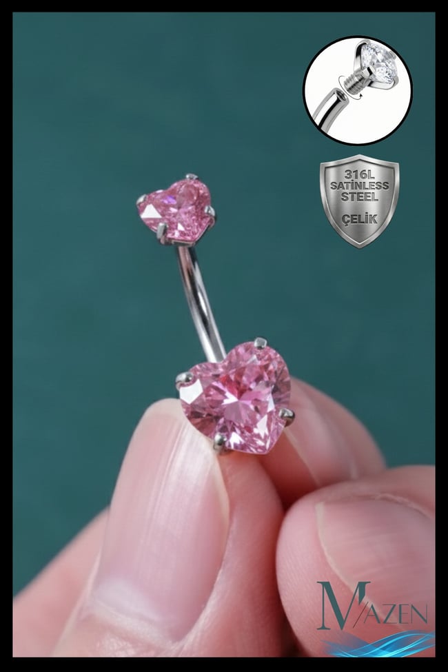 Pembe Kalp Zirkon Taşlı Göbek Piercing | 316L Çelik | Gri Bar | Kararmaz Antialerjik