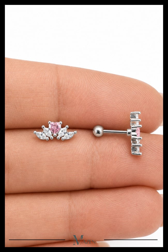 Pembe Taş Kavis Tragus Piercing Çelik Gümüş Renk Kalp Taş Detaylı