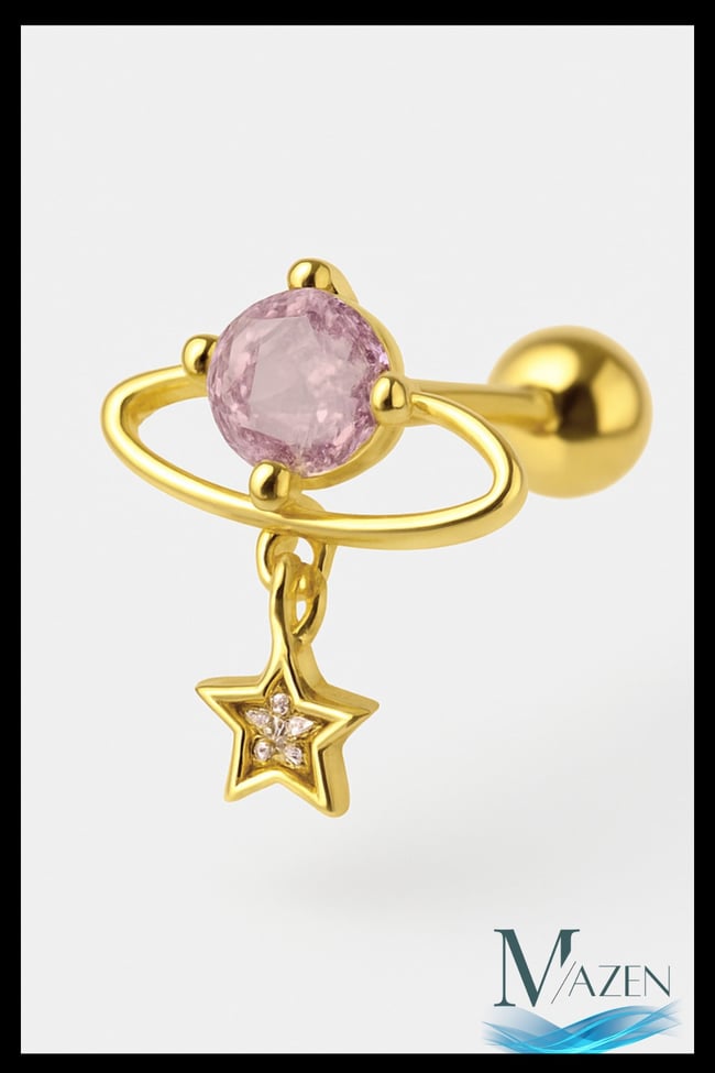 Pembe Taşlı Gezegen ve Yıldız Model Çelik Tragus Helix Piercing | Kadın Kulak Kıkırdak Aksesuar