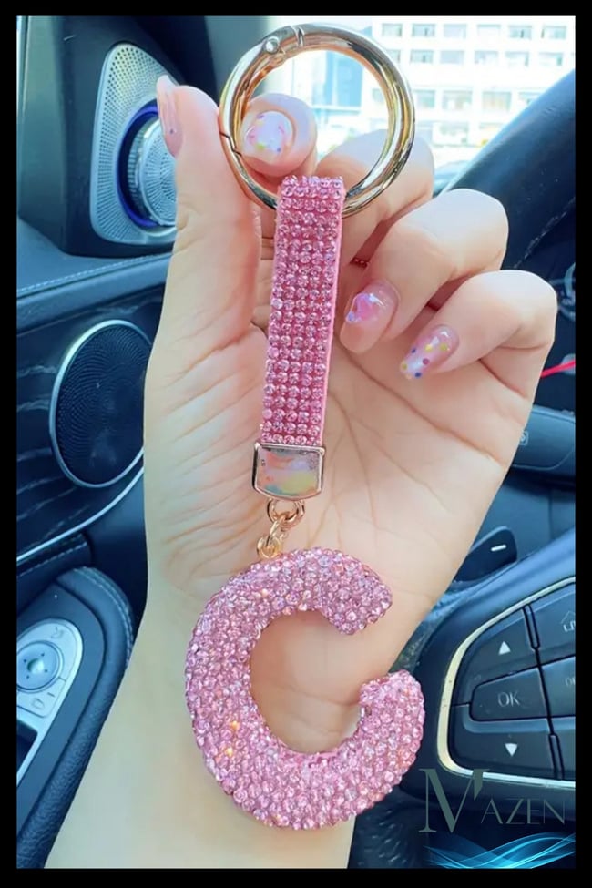 Pembe VIP C Harfi Anahtarlık | Taşlı Charm | Çanta Uyumlu Işıltılı Aksesuar