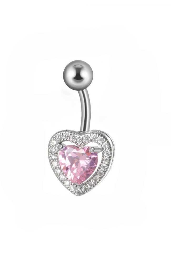 Pembe Zirkon Taşlı Kalpli Göbek Piercingi Çelik Kararmaz