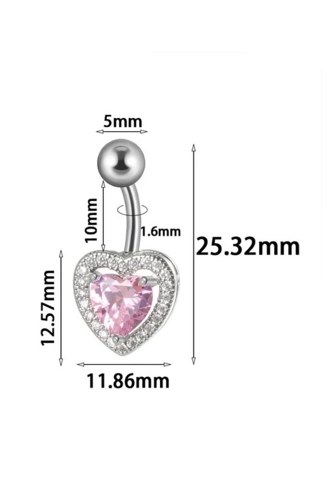 Pembe Zirkon Taşlı Kalpli Göbek Piercingi Çelik Kararmaz