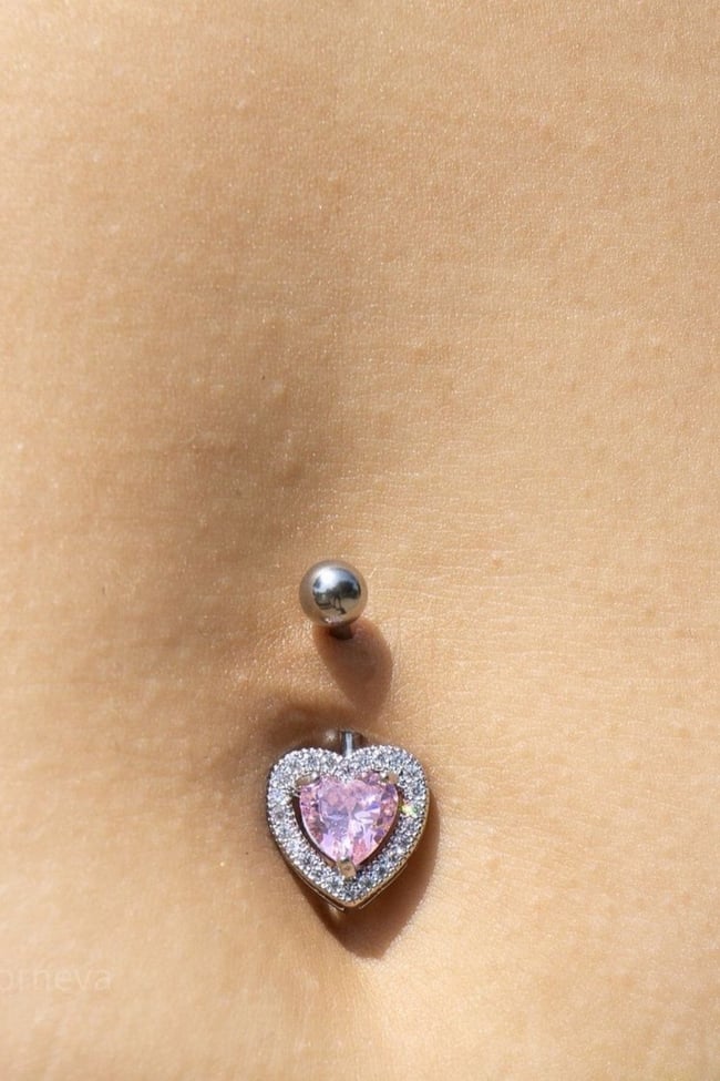 Pembe Zirkon Taşlı Kalpli Göbek Piercingi Çelik Kararmaz