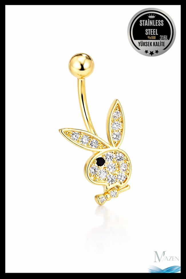 Playboy Tavşan Figürlü Göbek Piercing | 316L Çelik | Gold | Taşlı Kadın Takı