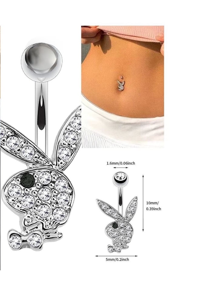 Playboy Tavşan Figürlü Göbek Piercing | 316L Çelik | Gold | Taşlı Kadın Takı