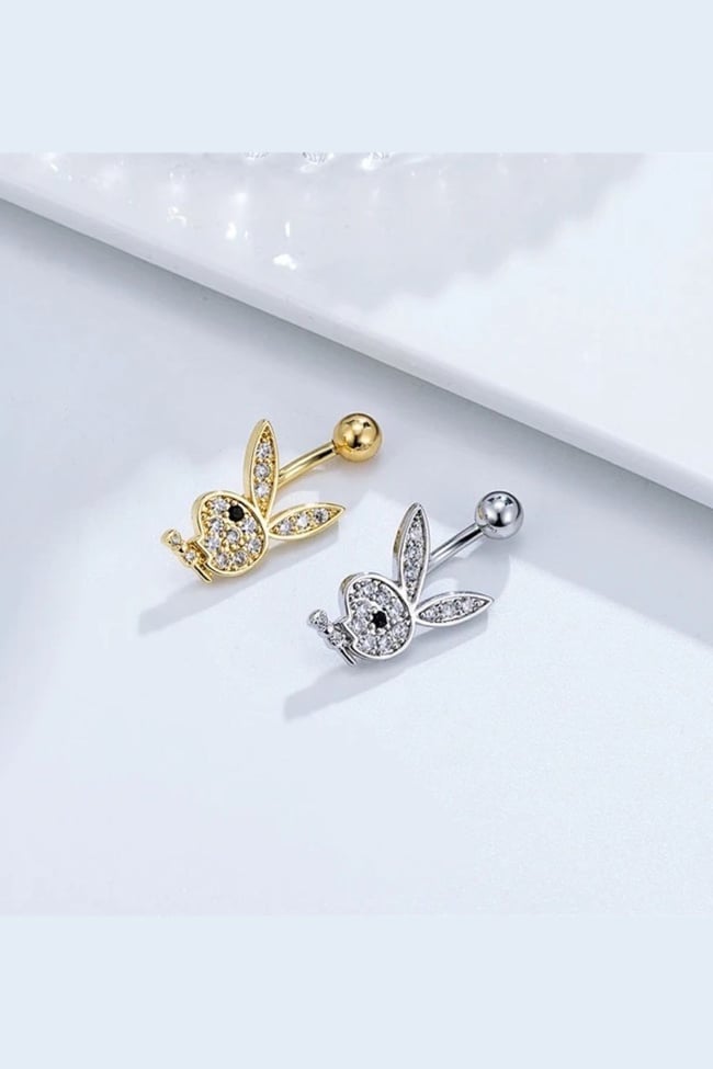 Playboy Tavşan Figürlü Göbek Piercing | 316L Çelik | Gold | Taşlı Kadın Takı