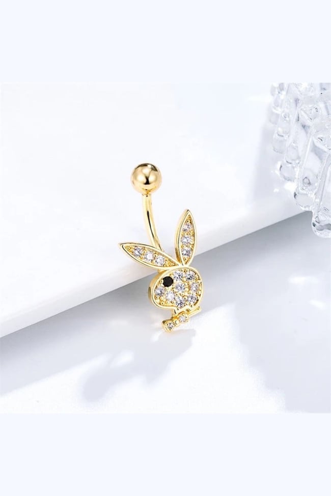Playboy Tavşan Figürlü Göbek Piercing | 316L Çelik | Gold | Taşlı Kadın Takı