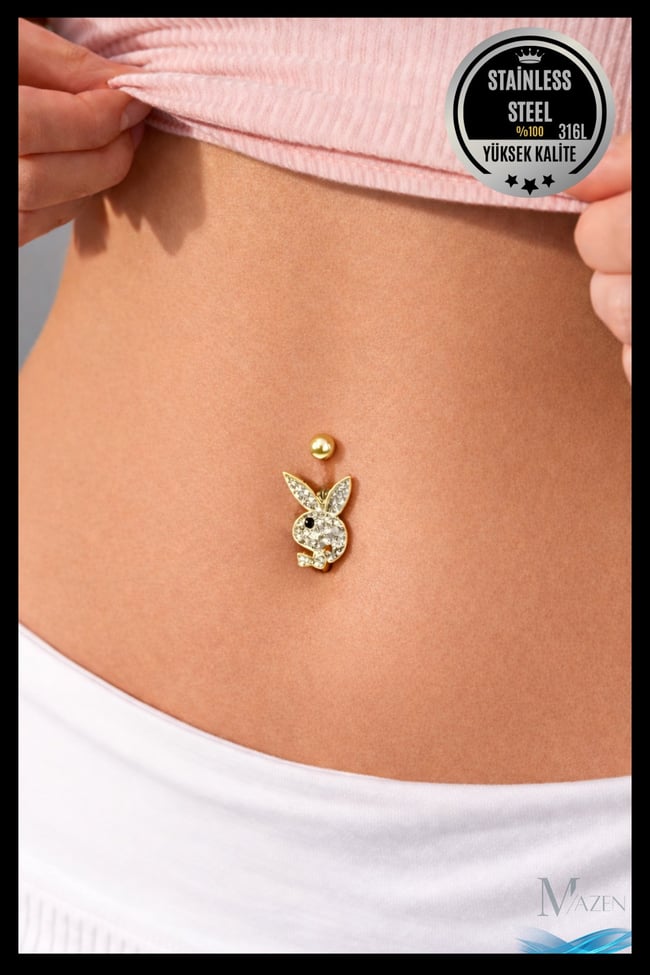 Playboy Tavşan Figürlü Göbek Piercing | 316L Çelik | Gold | Taşlı Kadın Takı