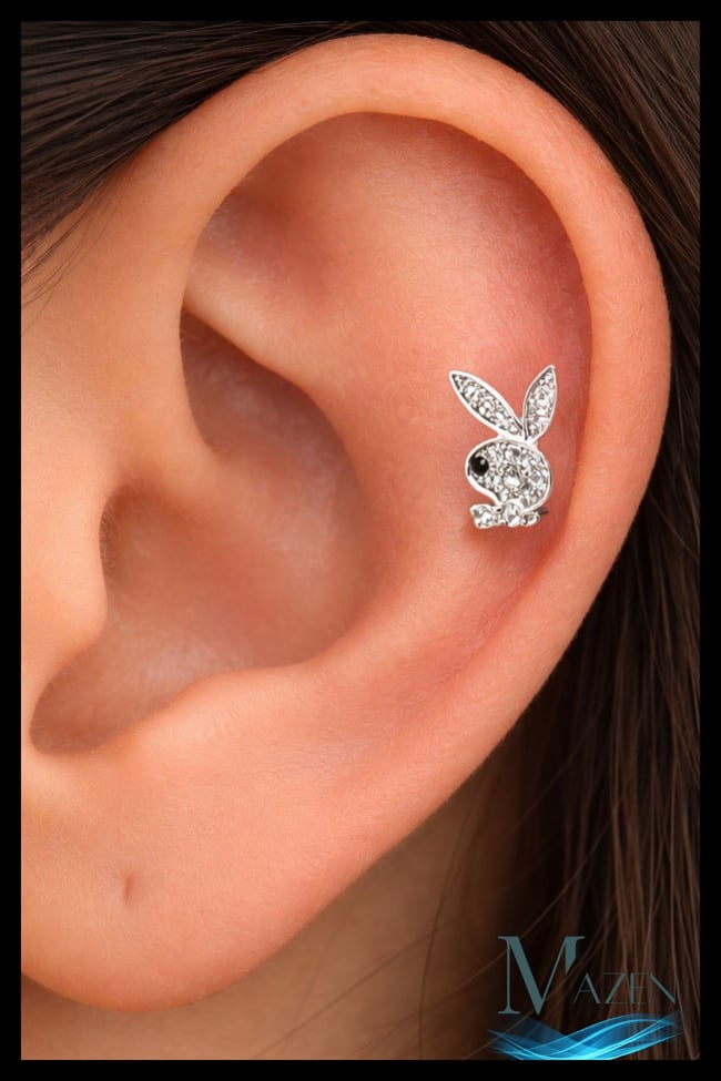 Playboy Tavşan Figürlü Tragus Helix Piercing | Zirkon Taşlı | Gümüş Renk | Çelik Bar
