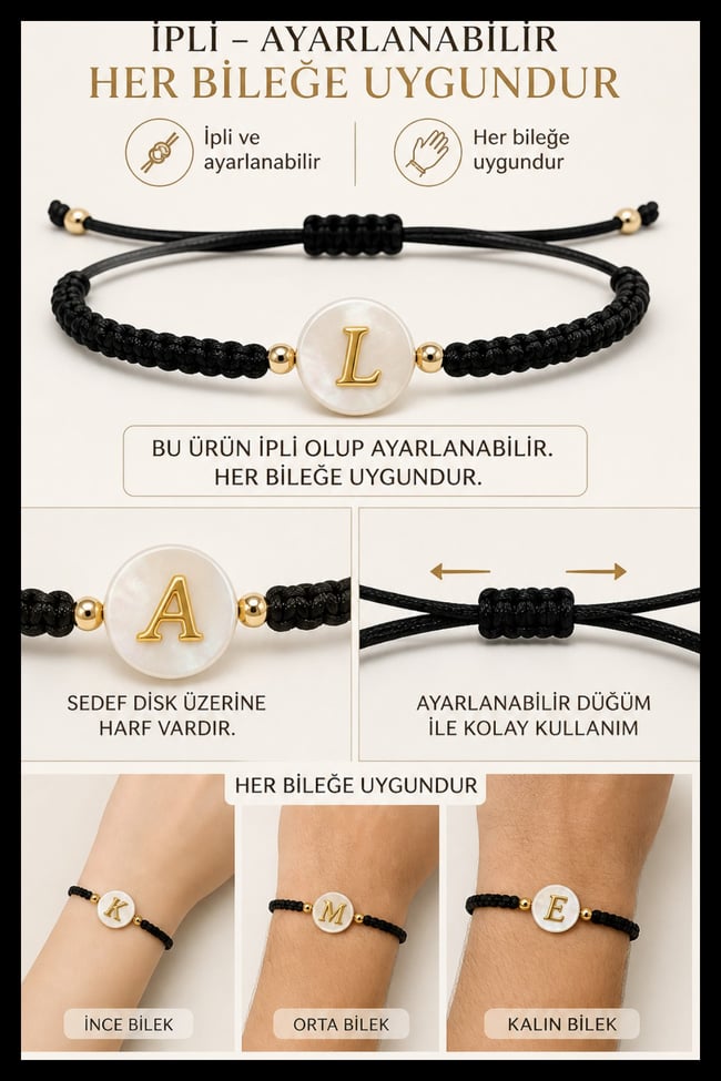 R Harf Ayarlanabilir İpli Harf Bileklik