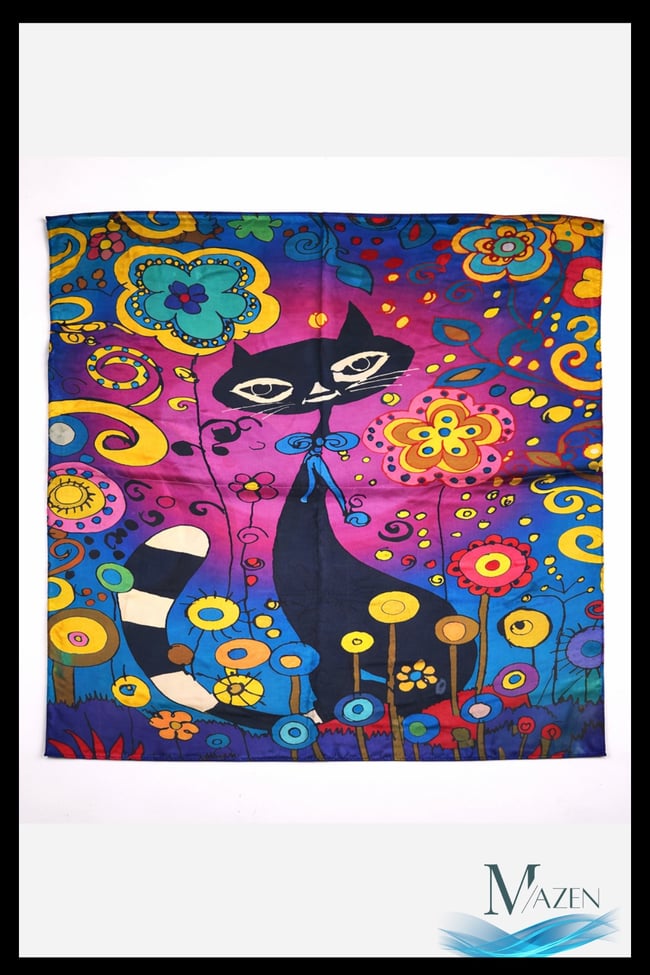 Renkli Sanatsal Kedi Desenli Fular | İpeksi Saten Doku | 55x55 cm Kare Kadın Aksesuar