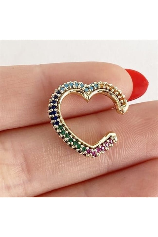 Renkli Zirkon Taşlı Deliksiz Fake Kıkırdak Apm Küpe Ear Cuff Kalp Figürlü