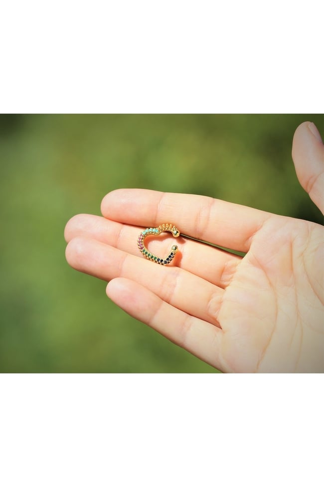 Renkli Zirkon Taşlı Deliksiz Fake Kıkırdak Apm Küpe Ear Cuff Kalp Figürlü