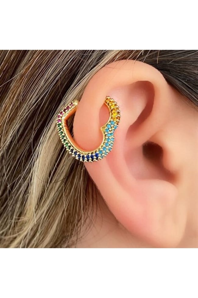Renkli Zirkon Taşlı Deliksiz Fake Kıkırdak Apm Küpe Ear Cuff Kalp Figürlü