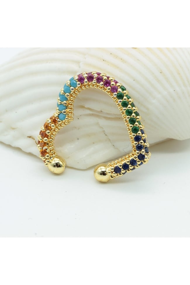 Renkli Zirkon Taşlı Deliksiz Fake Kıkırdak Apm Küpe Ear Cuff Kalp Figürlü