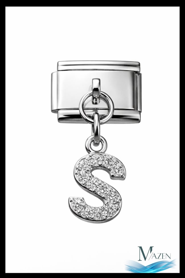 S Harf Zirkon Taşlı İtalyan Charm Bileklik Aparatı | Çelik | Parlak Sallantılı Taşlı Model