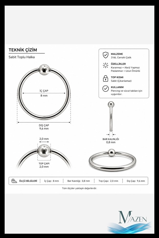 Sabit Toplu Çelik Halka Piercing, Hızma, Kıkırdak Küpe, Smile, Septum | Çok Amaçlı Kullanım