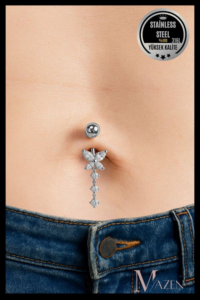 Sallantılı Kelebek Göbek Piercing | Çelik Kararmaz | Zirkon Taşlı | Kadın Takı Aksesuar | Pirsing