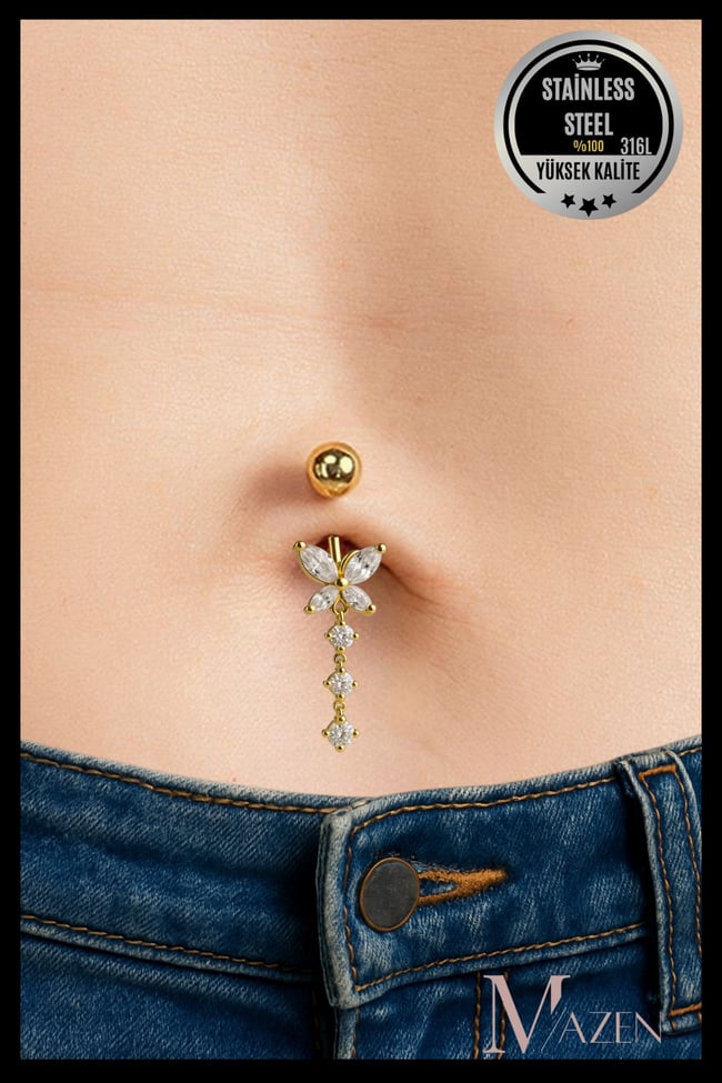 Sallantılı Kelebek Göbek Piercing | Çelik Kararmaz | Zirkon Taşlı | Kadın Takı Aksesuar | Pirsing
