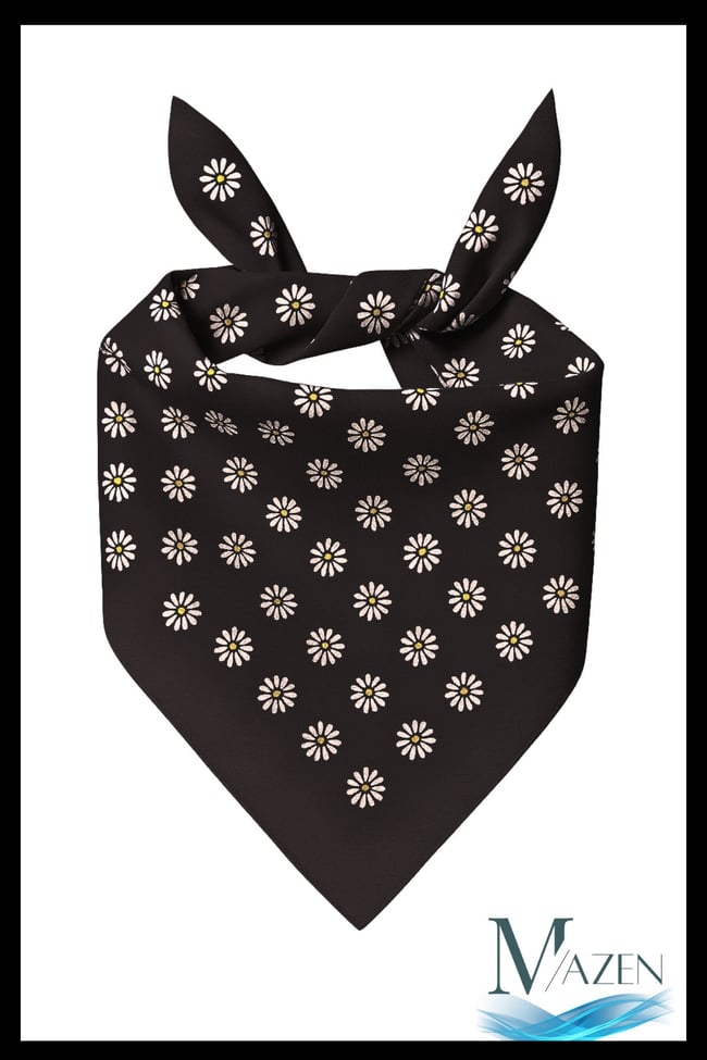 Siyah Bandana | Beyaz Papatya Desenli | Unisex Fular & Aksesuar 50x50