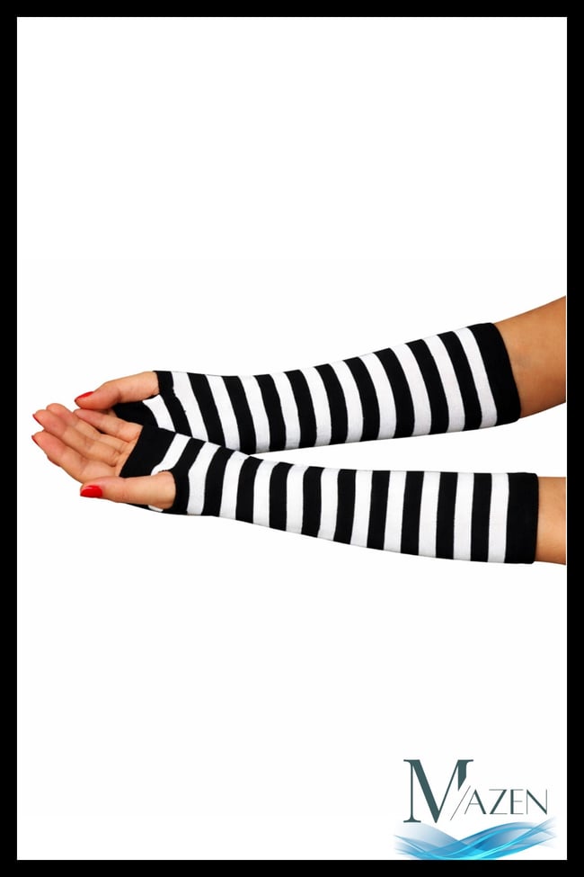 Siyah Beyaz Çizgili Kolluk | Parmaksız Eldiven Uzun Kol Isıtıcı | Unisex Aksesuar