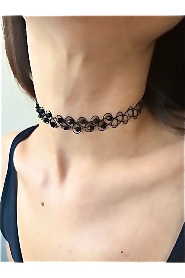 Siyah Choker Tasma Tatto Kolye Taşlı