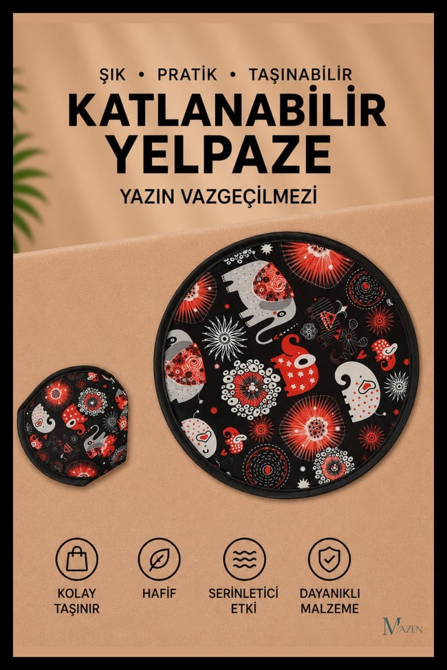 Siyah-Gri Fil Desen Katlanabilir Yuvarlak Yazlık Taşınabilir El Yelpazesi