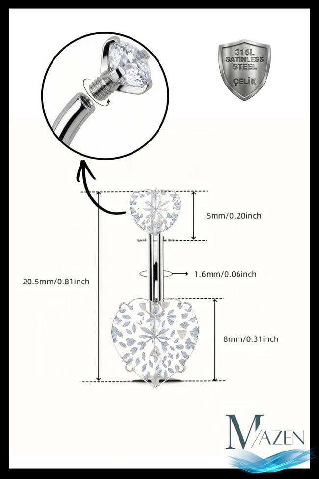 Siyah Kalp Zirkon Taşlı Göbek Piercing | 316L Çelik | Gri Bar | Kararmaz Antialerjik