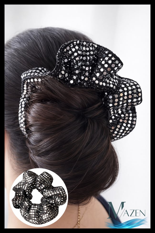 Siyah Pul Payetli Saç Tokası | Işıltılı Scrunchie Model | Kadın Aksesuar Lastikli Toka