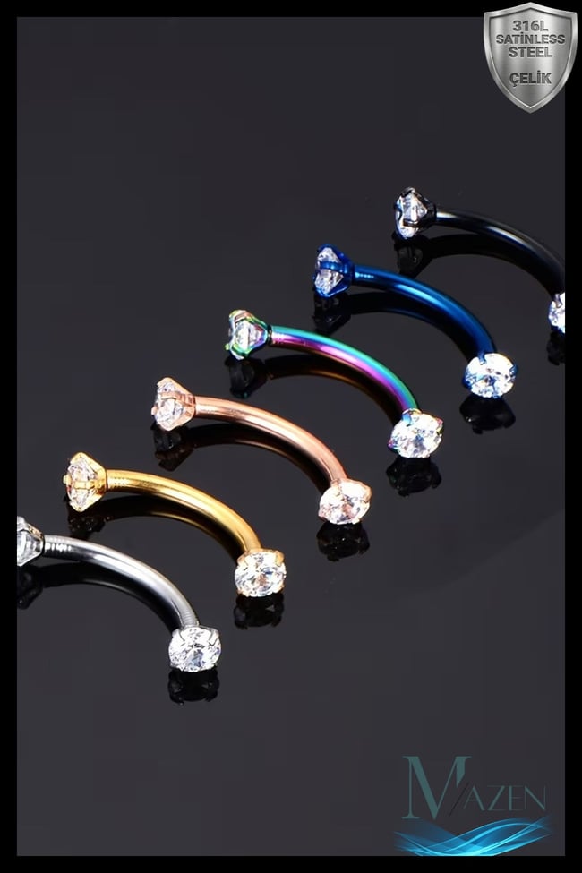 Siyah Renk Çift Zirkon Taşlı Tırnaklı Kaş Piercingi (Curved Barbell)