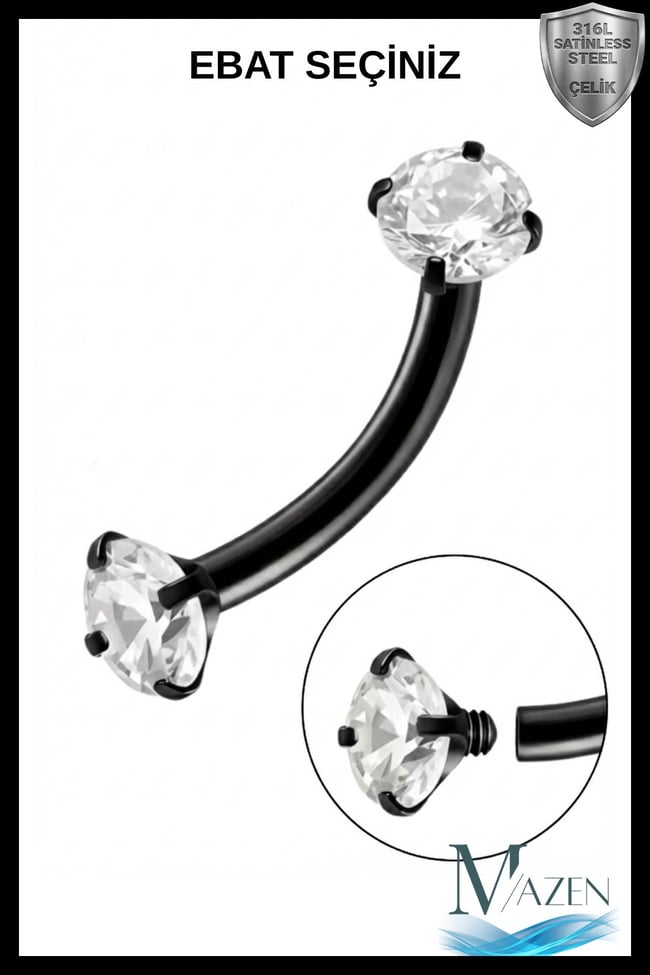 Siyah Renk Çift Zirkon Taşlı Tırnaklı Kaş Piercingi (Curved Barbell)