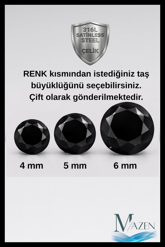 Siyah Tek Taş Kadın Erkek Çelik Küpe | Yassı Model | 4 mm Taşlı | Kararmaz Çelik Antialerjik