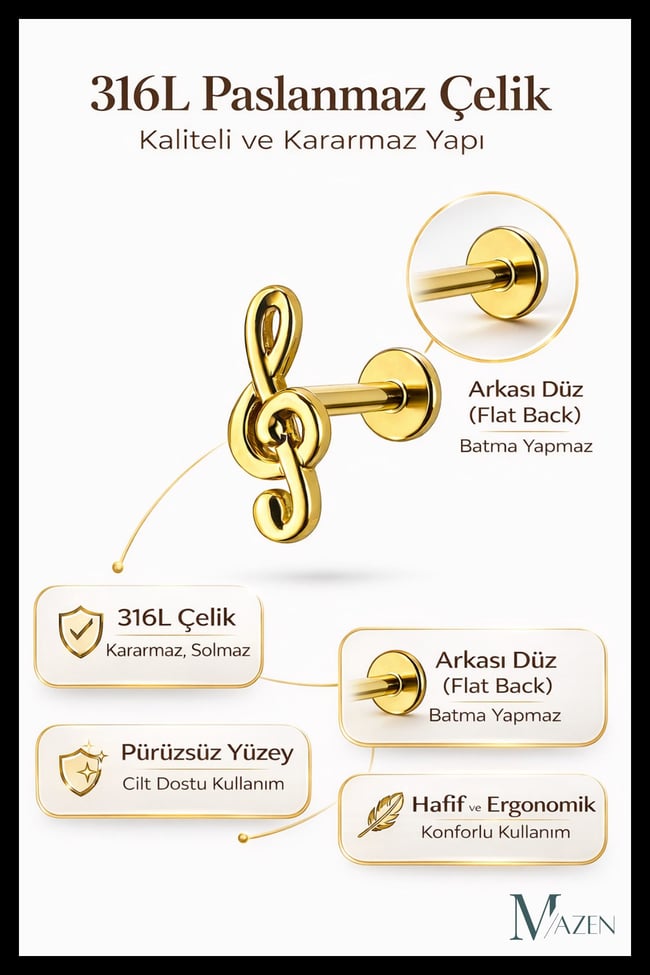 Sol Anahtarı Tragus Piercing | 316L Çelik | Arkası Düz (Flat Back) | Kararmaz Şık Tasarım