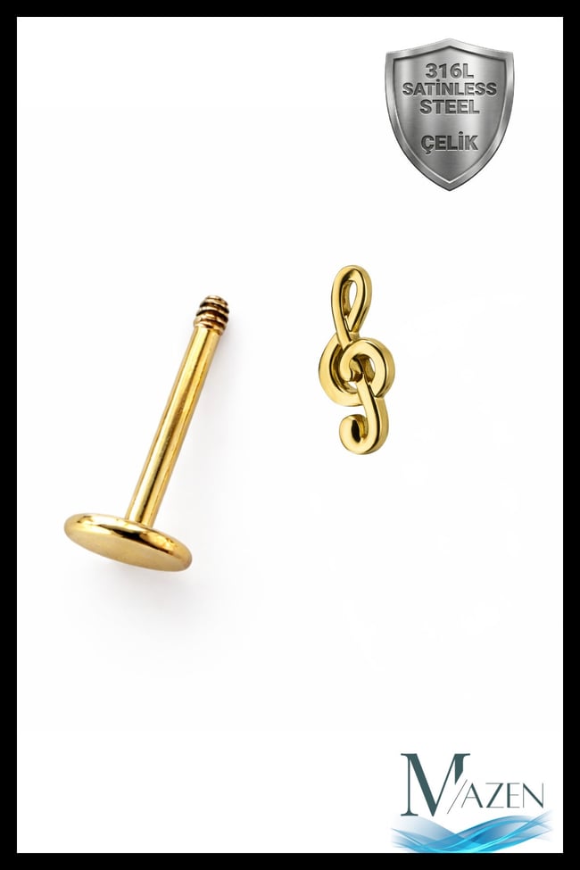 Sol Anahtarı Tragus Piercing | 316L Çelik | Arkası Düz (Flat Back) | Kararmaz Şık Tasarım