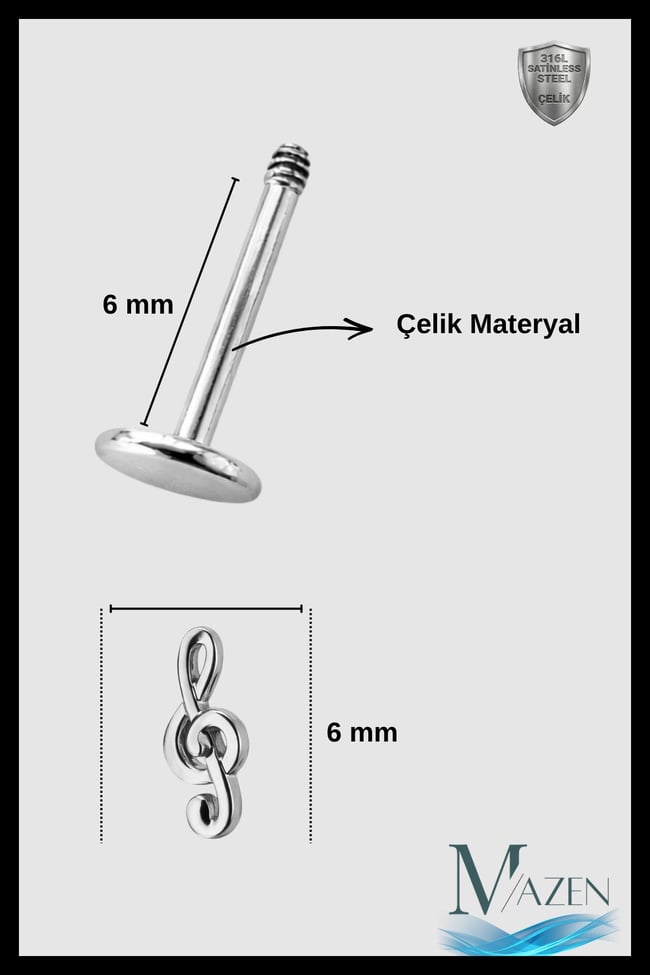 Sol Anahtarı Tragus Piercing | 316L Çelik | Arkası Düz (Flat Back) | Kararmaz Şık Tasarım
