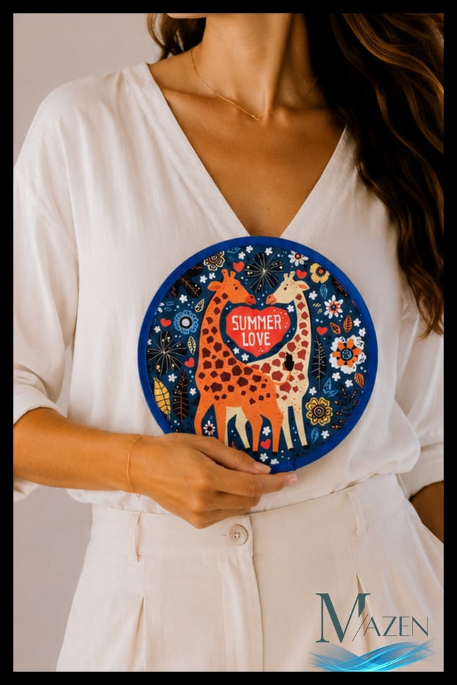 Summer Love Zürafa Desenli Katlanabilir Yuvarlak Yazlık Taşınabilir El Yelpazesi