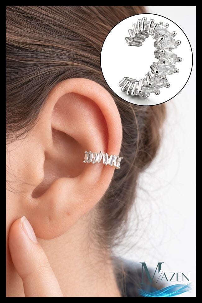 Taşlı Ayarlanabilir Ear Cuff | Deliksiz Kıkırdak Küpesi | Gümüş Renk Kadın Aksesuar