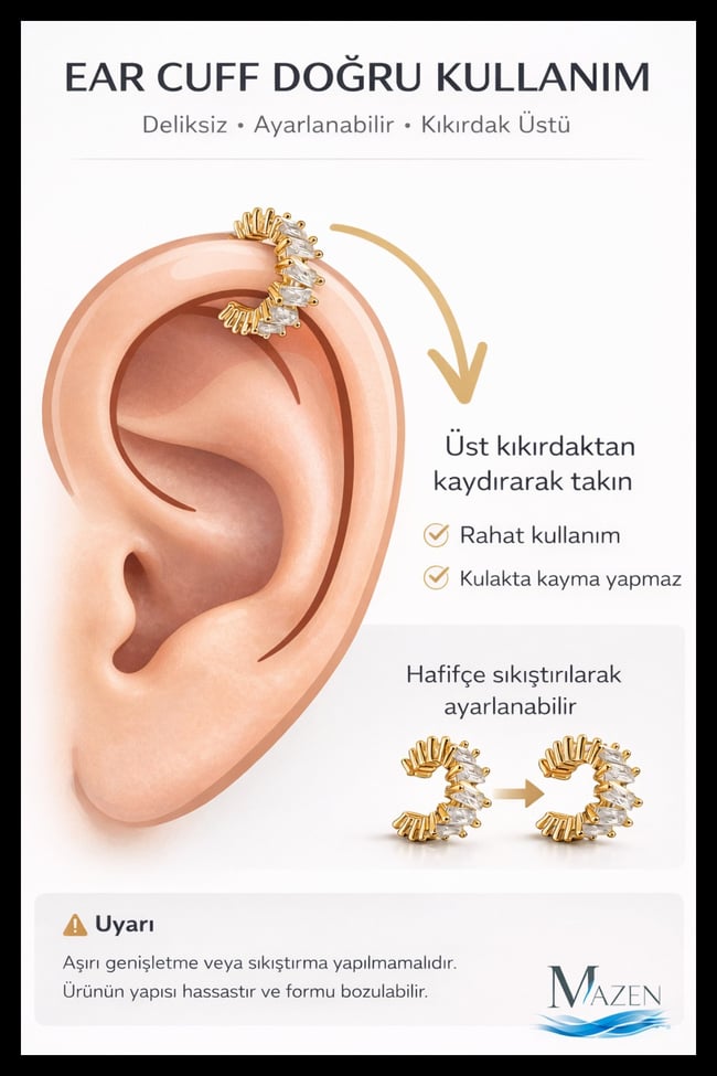 Taşlı Ayarlanabilir Ear Cuff | Deliksiz Kıkırdak Küpesi | Gold Renk Kadın Aksesuar