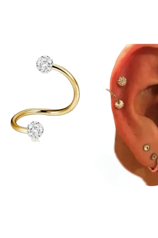 Taşlı Cerrahi Çelik Spiral Burgulu Kıkırdak Dudak Piercing Gold Renk