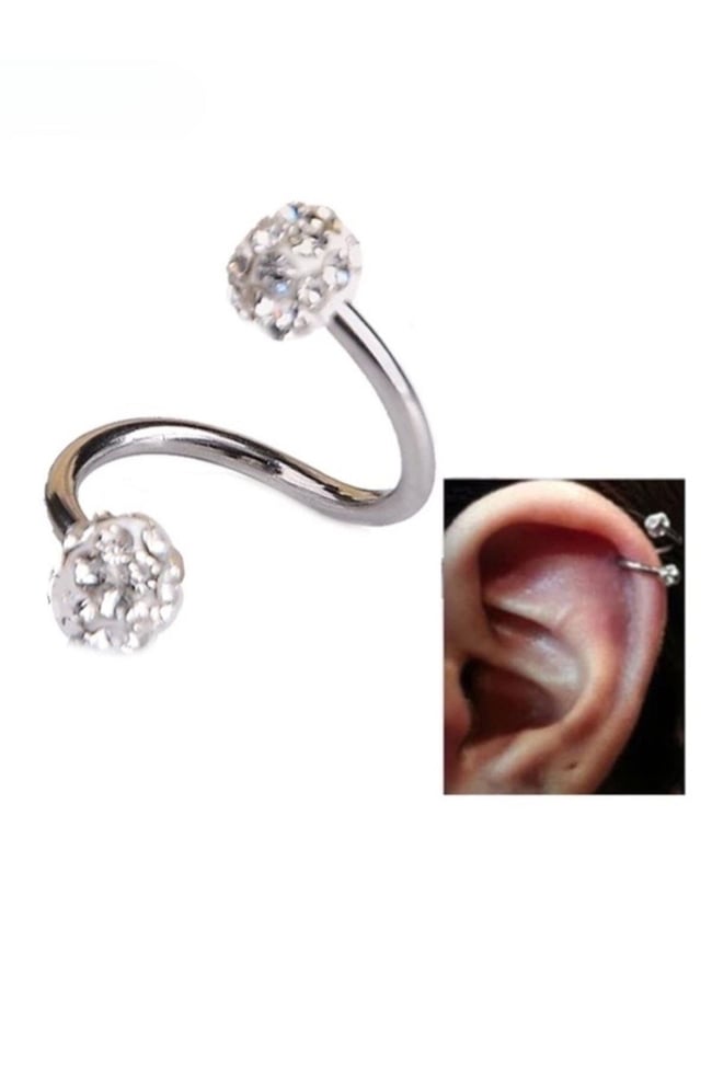 Taşlı Cerrahi Çelik Spiral Burgulu Kıkırdak Dudak Piercing Gümüş Renk